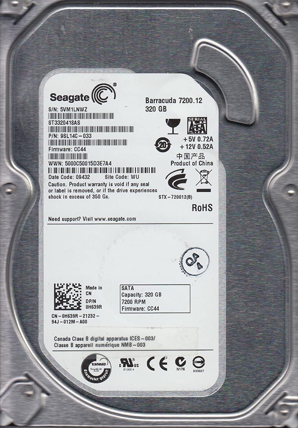 Seagate 500GB SATA 3.5 Hard Drive PN 9SL142-021 FW HP34 ST3500418AS WU 5VM 