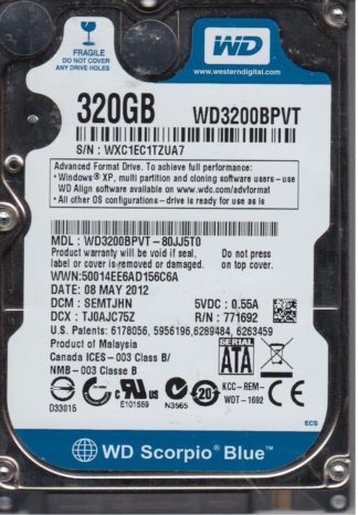 WD3200BPVT-80JJ5T0, DCM SEMTJHN, Western Digital 320GB SATA 2.5 Festplatte
