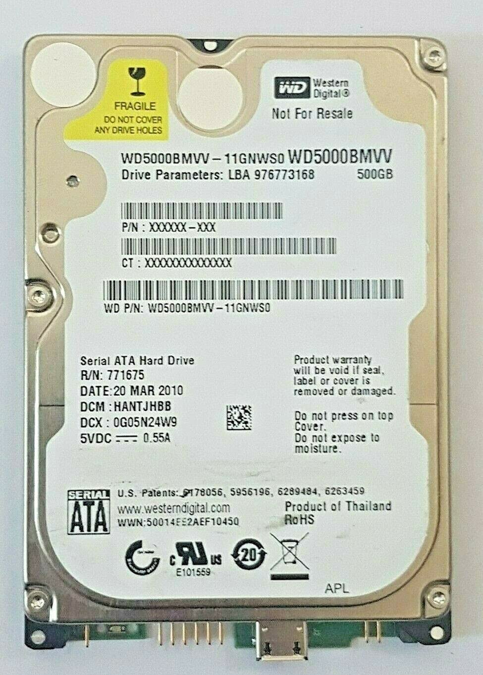WD5000BMVV-11GNWS0-DCM-HANTJHBB-DCX-0G05N24W9-SN-WXB1Axxxxx-20-MAR-2010-Thailand-B0965XY9MK